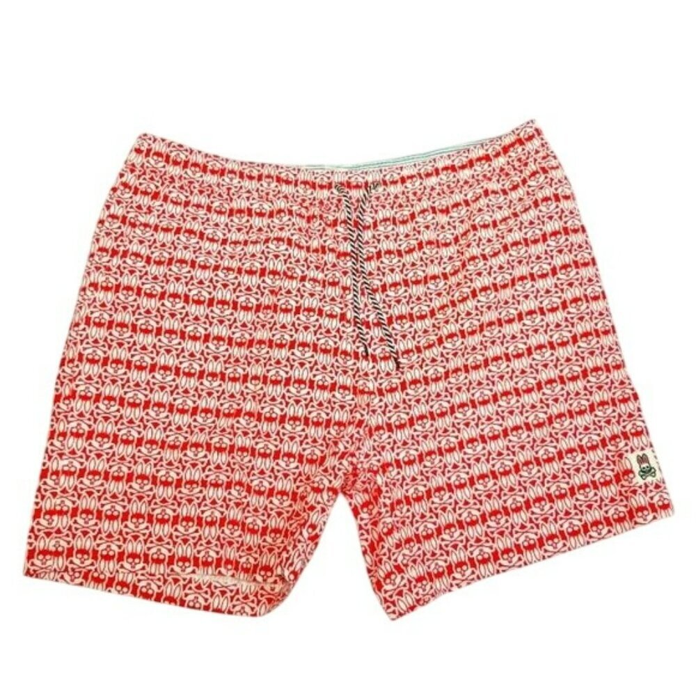 Psycho Bunny Mens Swim Trunks Red Bunny Skull Print Cotton Nylon Size‎ L